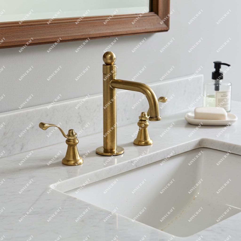 Vintage inspired brass faucet with architectural design and widespread installation.