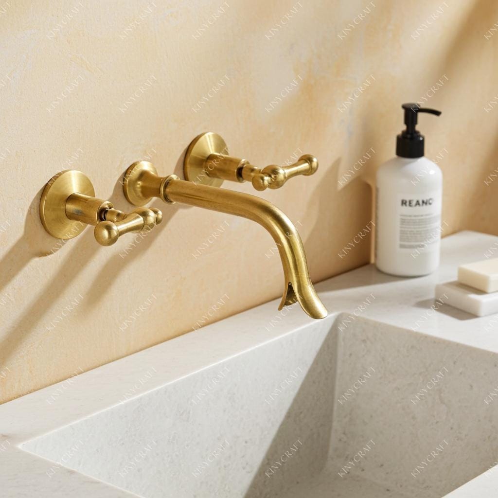 Heritage style brass wall faucet with graceful curved spout for bathroom sinks.