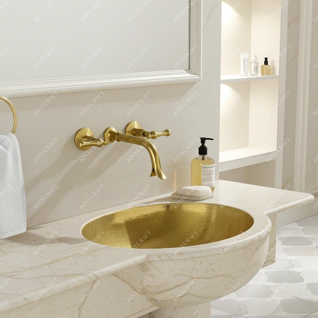 Vintage unlacquered brass bathroom mixer tap installed above marble vanity.