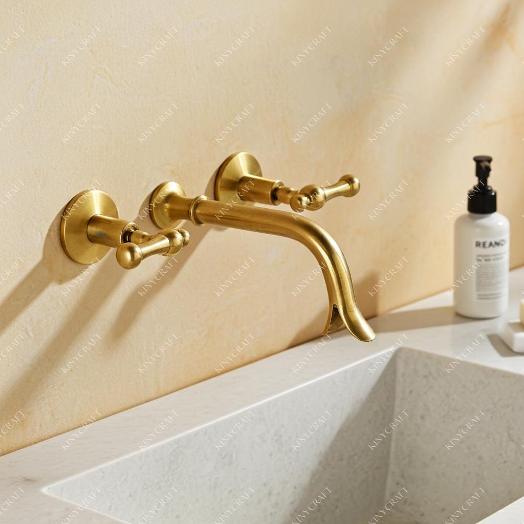 Classic wall-mounted unlacquered brass faucet for farmhouse and traditional bathrooms.