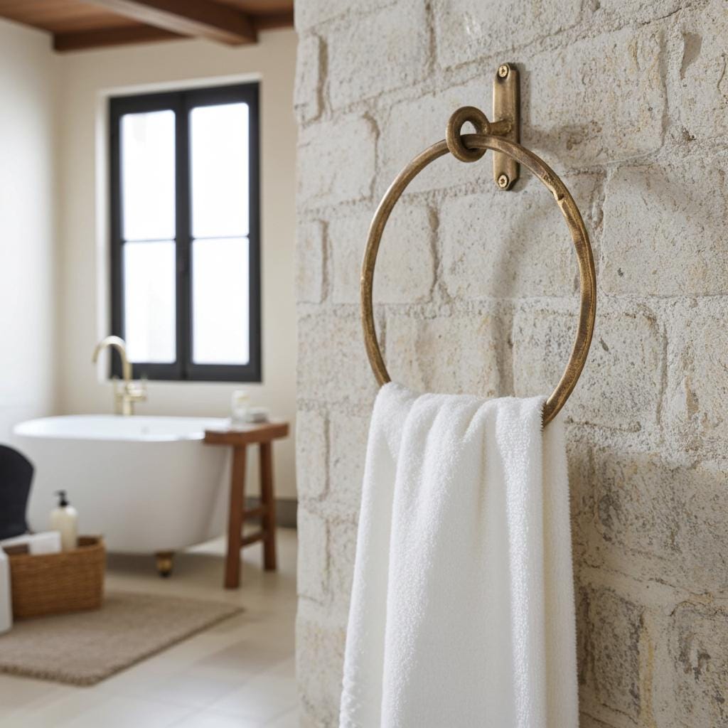 Hand forged brass towel ring mounted on a textured stone bathroom wall.