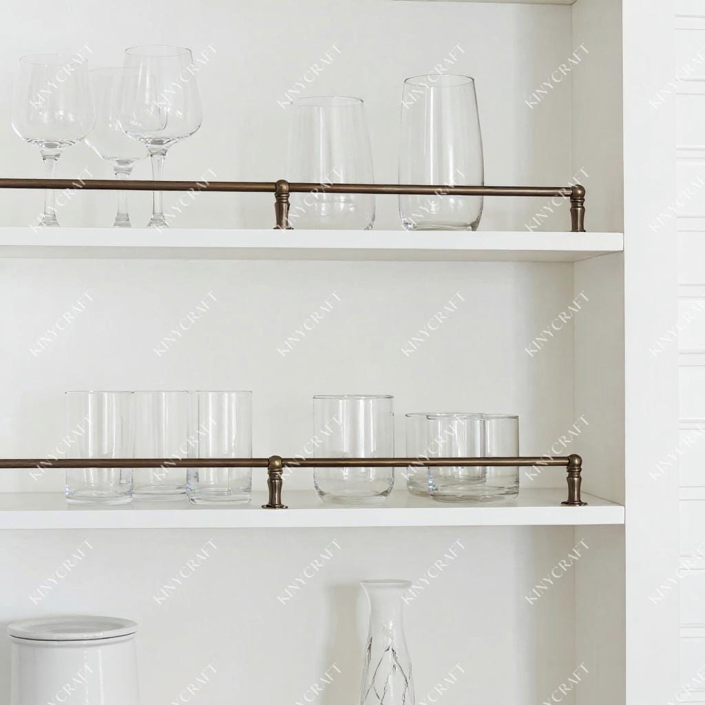 Solid brass shelf guard rail securing kitchen canisters and decorative plates.