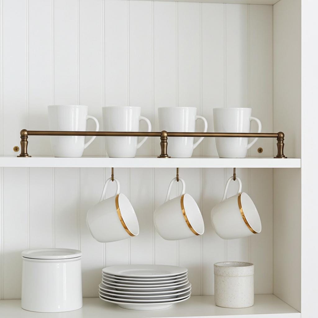 Traditional brass gallery shelf rail mounted on a white floating kitchen shelf.