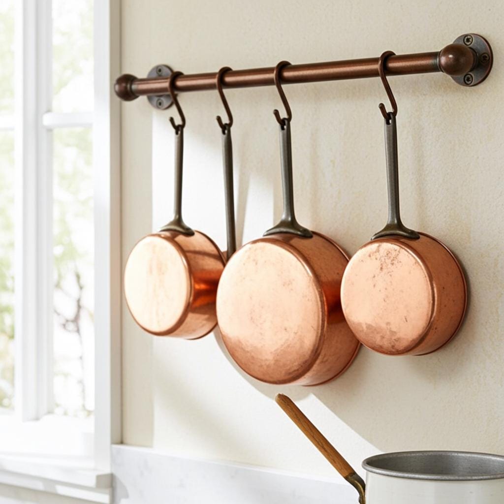 Unlacquered brass utensil hanging rail with S hooks for farmhouse kitchen organization