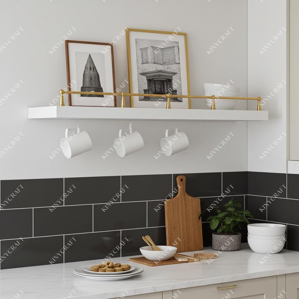 Decorative brass shelf rail mounted on a floating shelf for elegant storage.