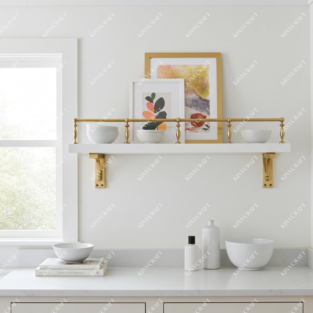 Brass shelf rail for built-in cabinets and pantry organization.
