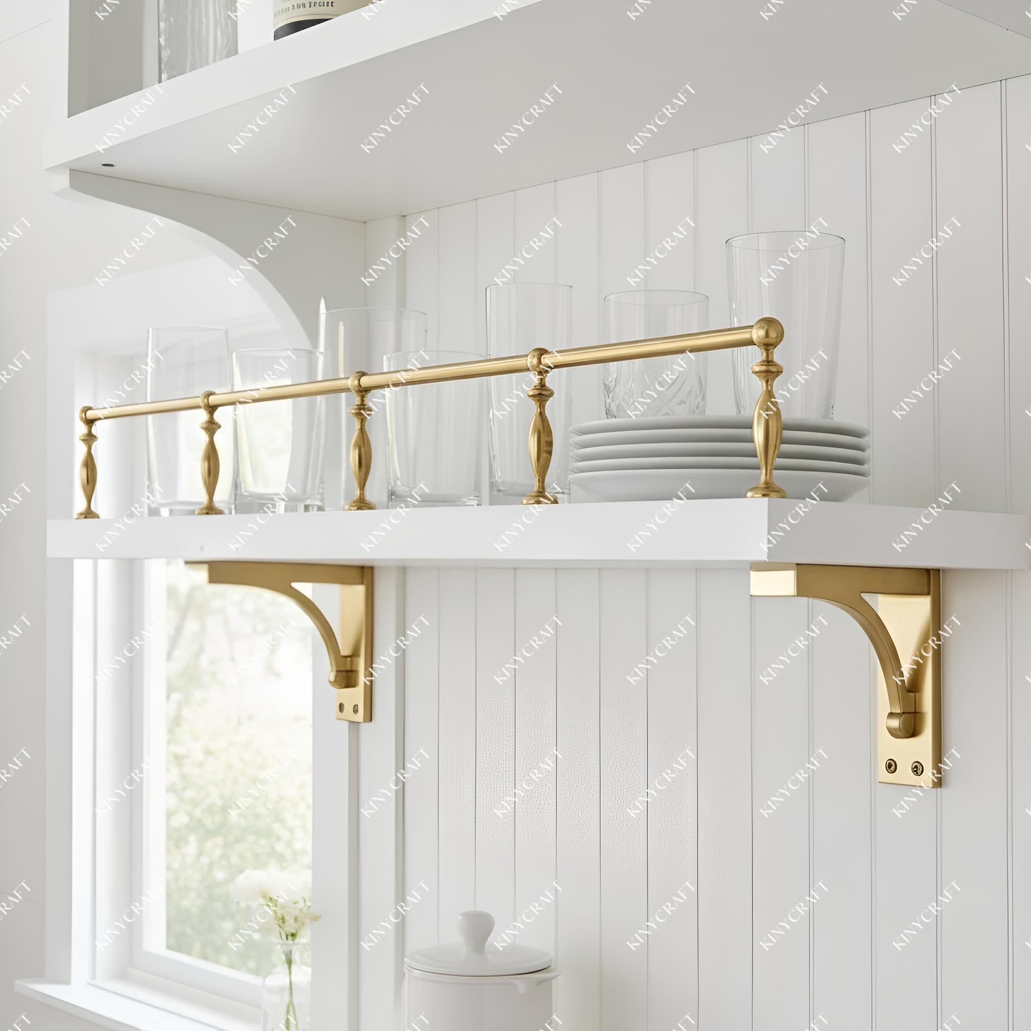 Decorative solid brass gallery rail for kitchen storage shelves.