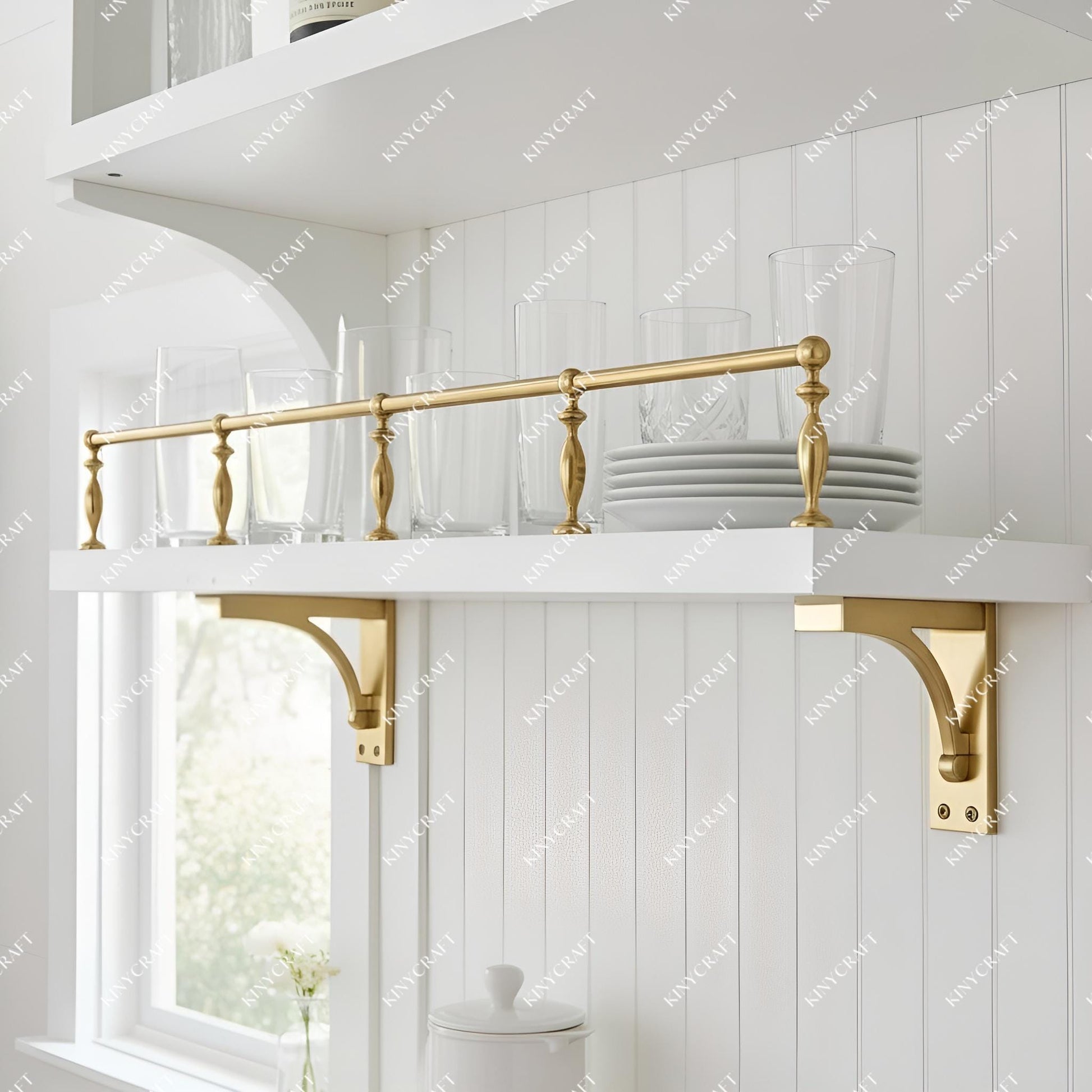 Decorative solid brass gallery rail for kitchen storage shelves.