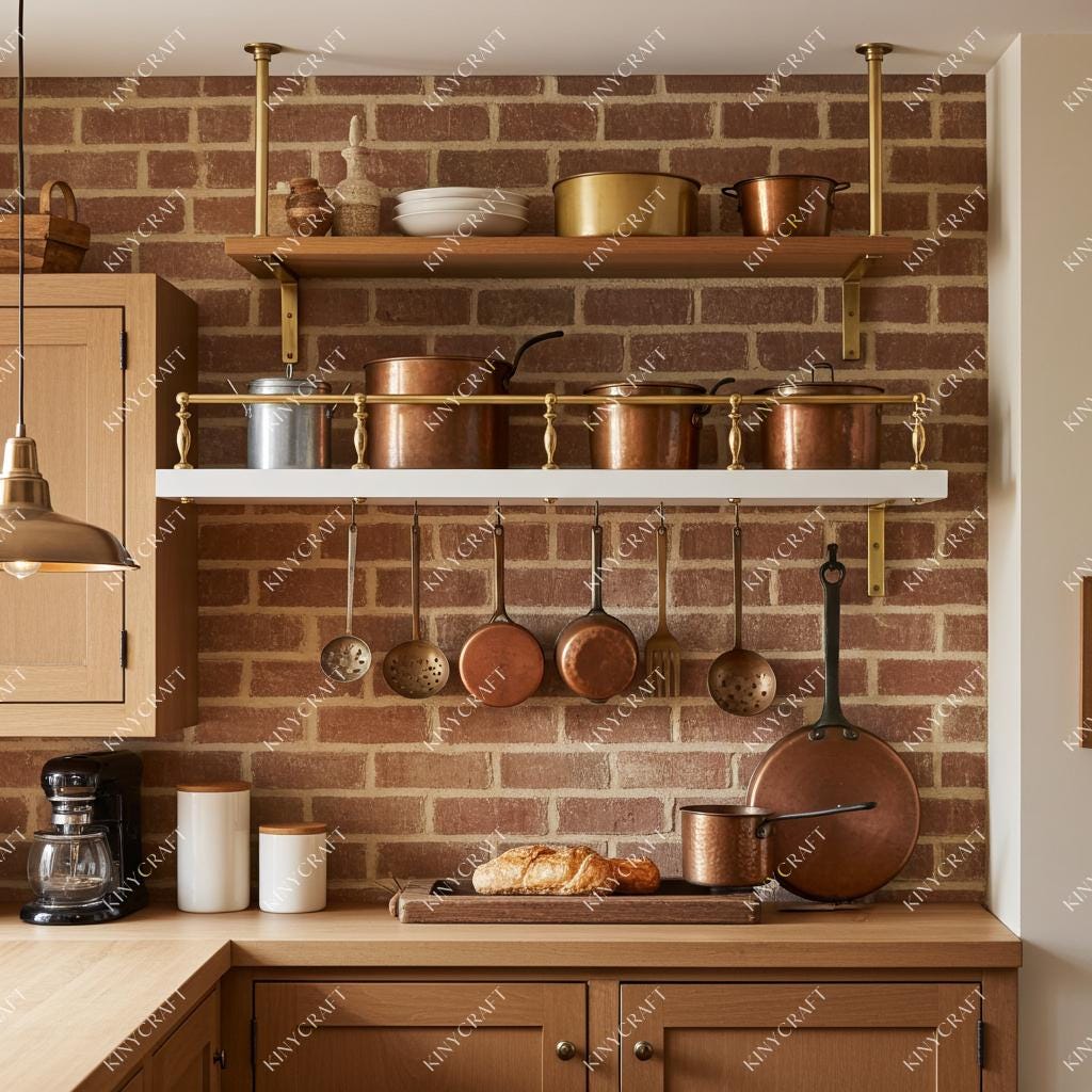 Wall shelf with handcrafted solid brass gallery rail for glassware display.