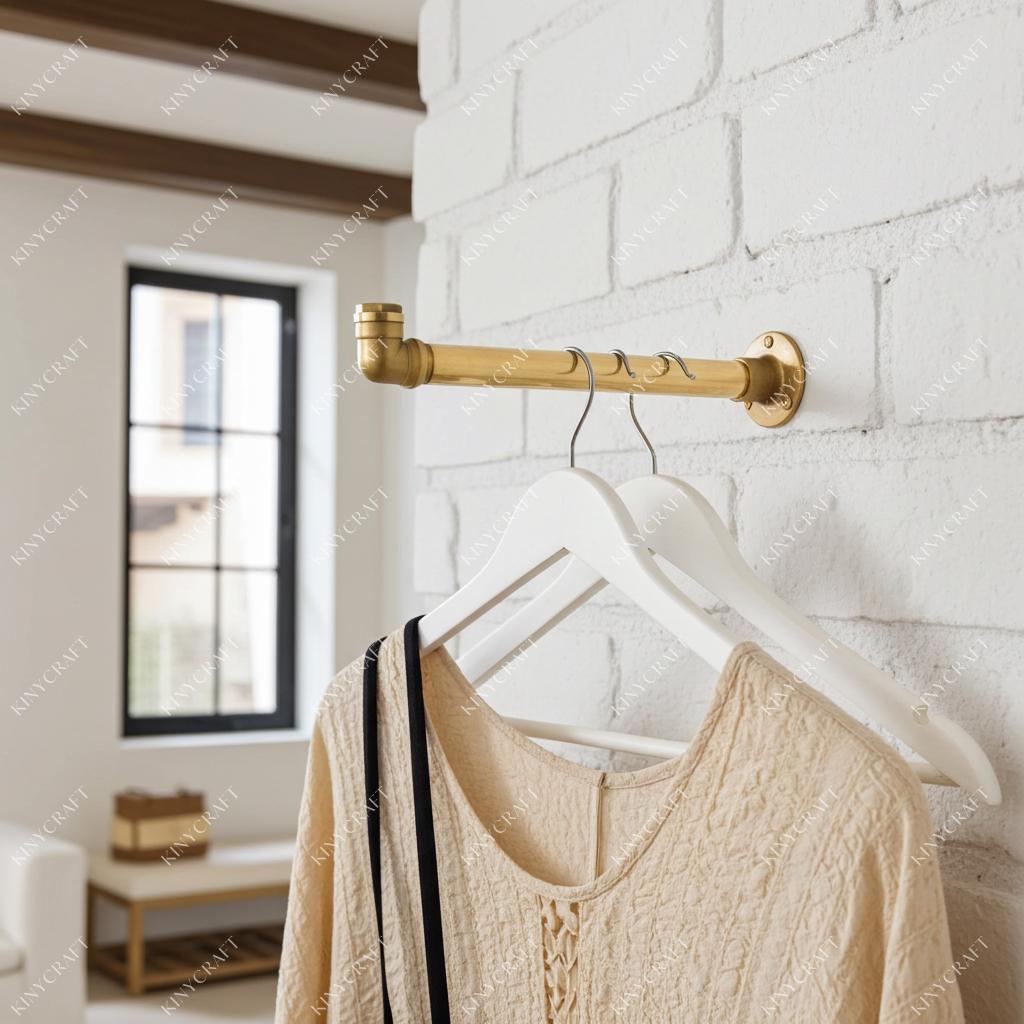 Wall mounted brass garment rack for coats, jackets, and hangers
