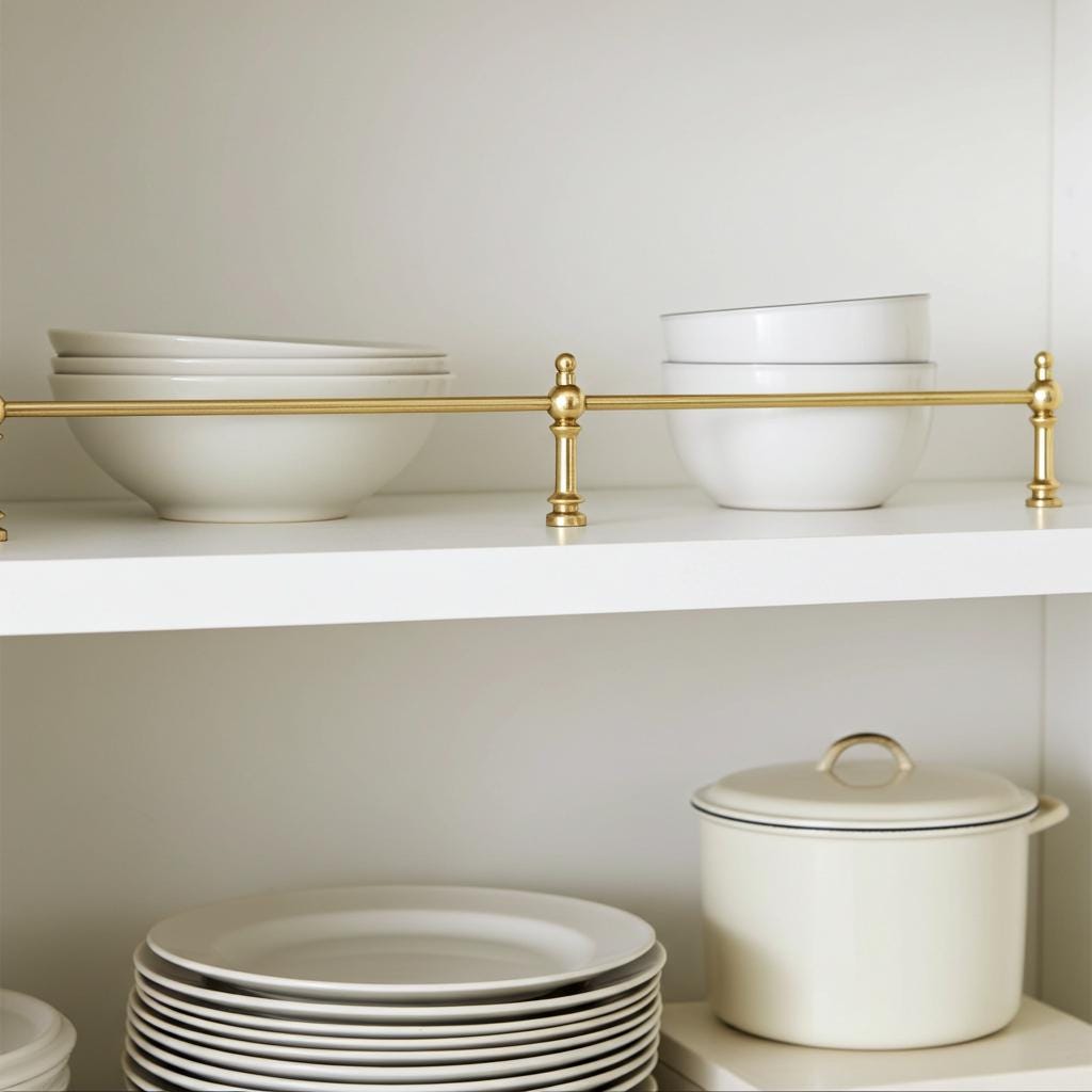 Classic brass cabinet shelf rail installed on white open kitchen shelving.