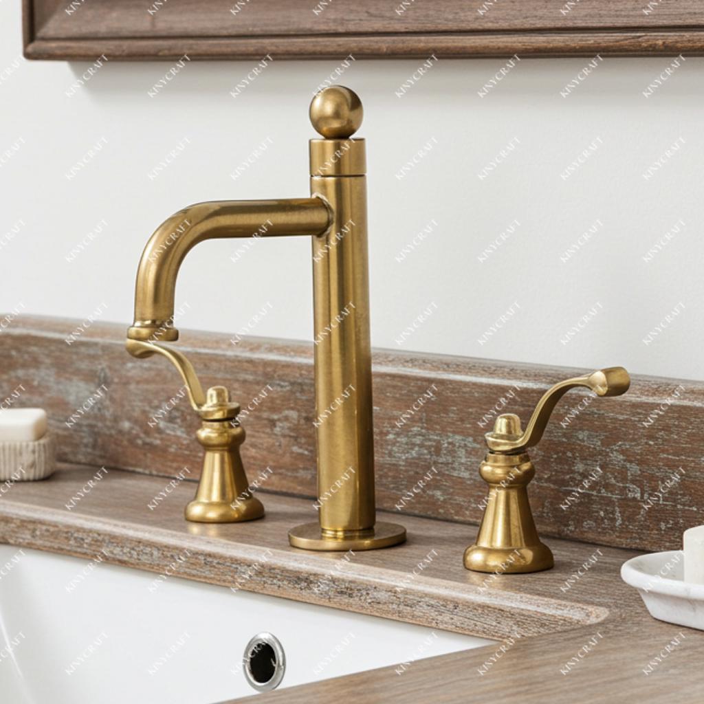 Elegant brass vanity faucet with lever controls and warm aged finish.