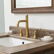 Brass widespread bathroom faucet with lever handles installed on a rustic wood vanity.