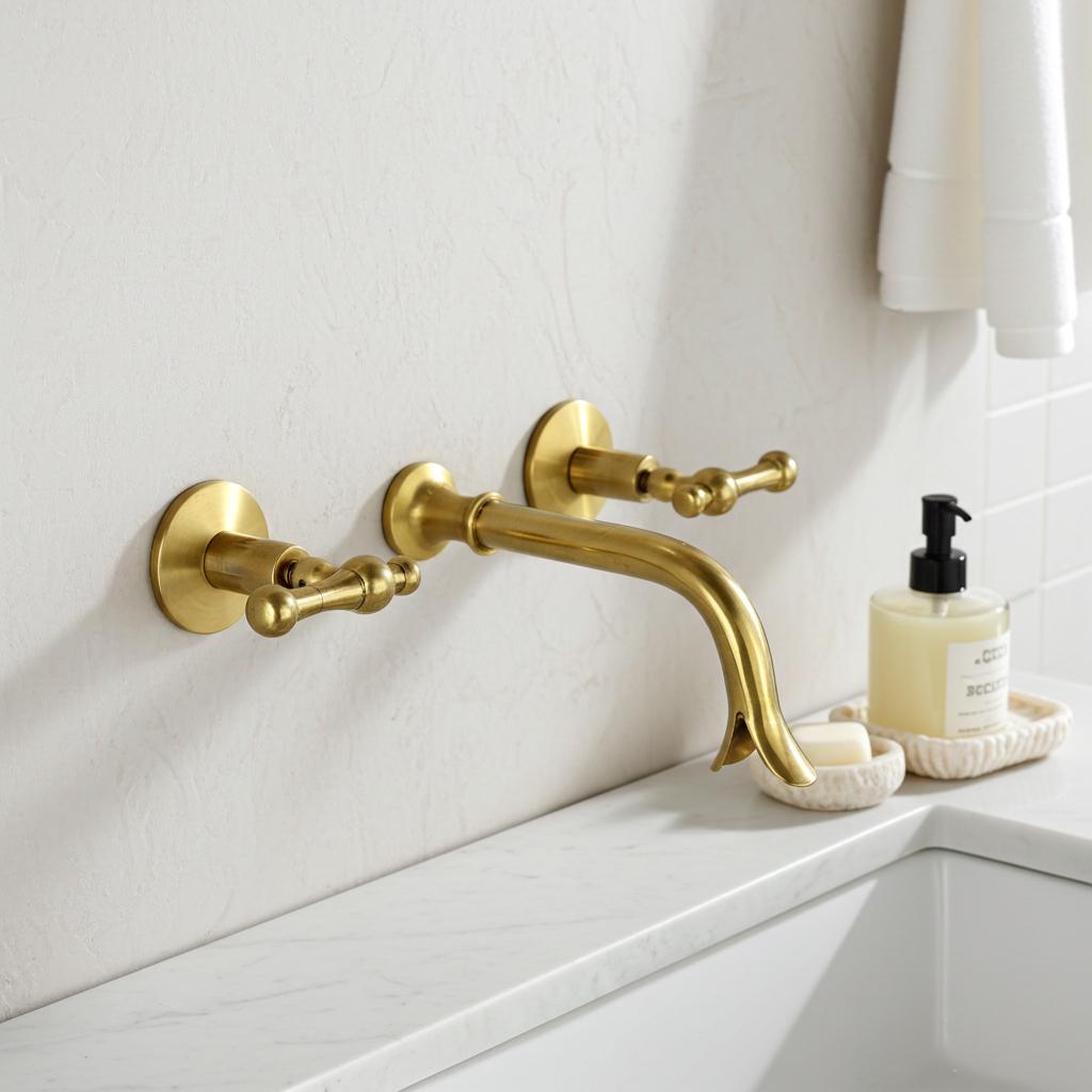 Wall mount unlacquered brass bathroom faucet with curved vintage spout.