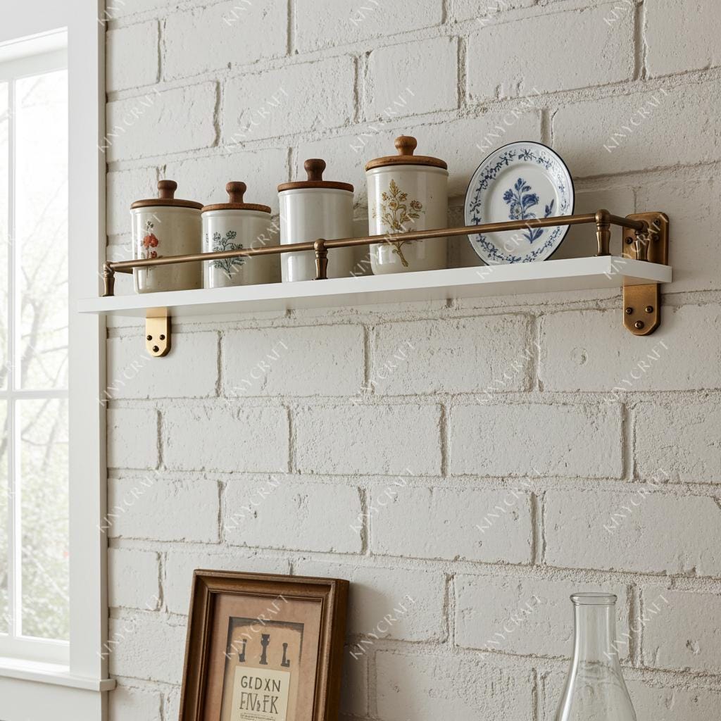 Vintage brass retaining rail installed on open farmhouse kitchen shelving.