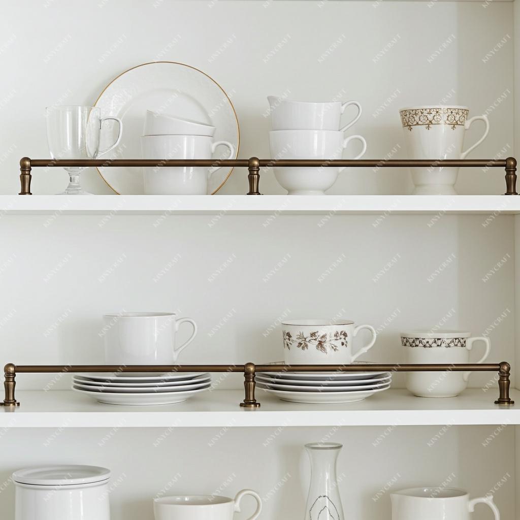 Decorative brass shelf railing for pantry storage and display shelving.