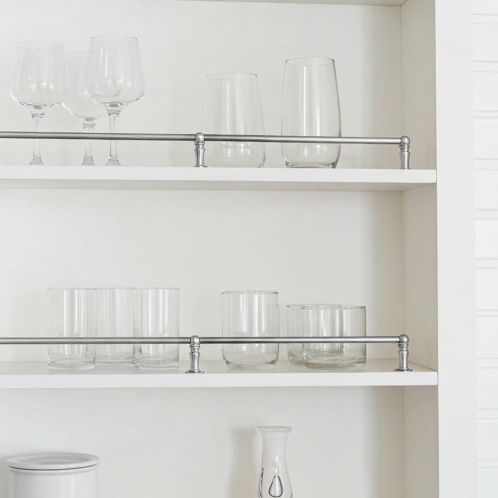 Contemporary chrome shelving rail protecting glass tumblers on open cabinet shelves.