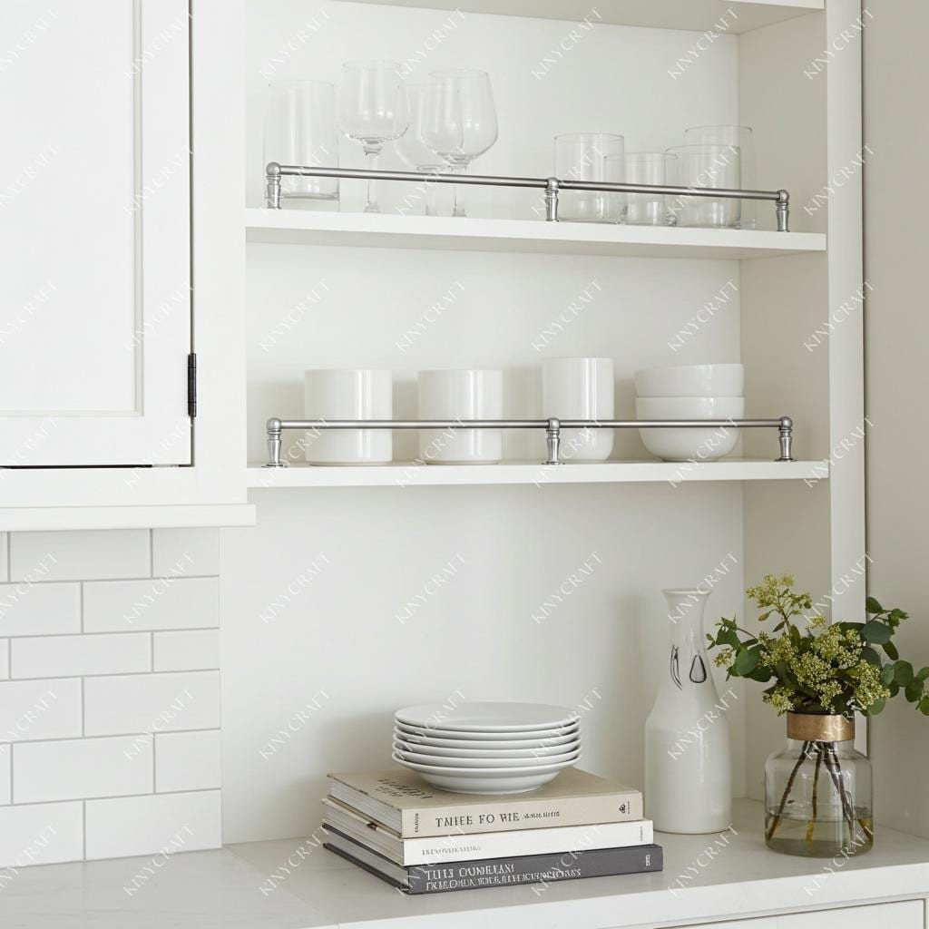 Polished chrome gallery rail securing drinking glasses on modern kitchen shelves.
