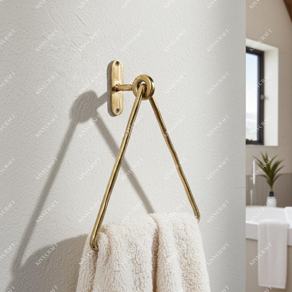Unlacquered brass triangular hand towel holder with minimalist design