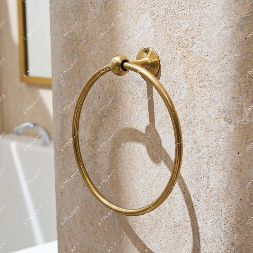 Luxury brass towel ring with wall mount for modern and farmhouse bathrooms.