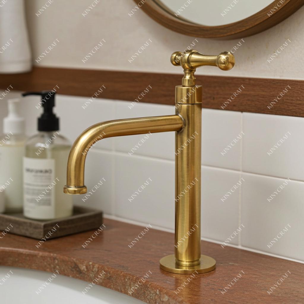 Handmade solid brass bathroom sink faucet with contemporary single hole design.