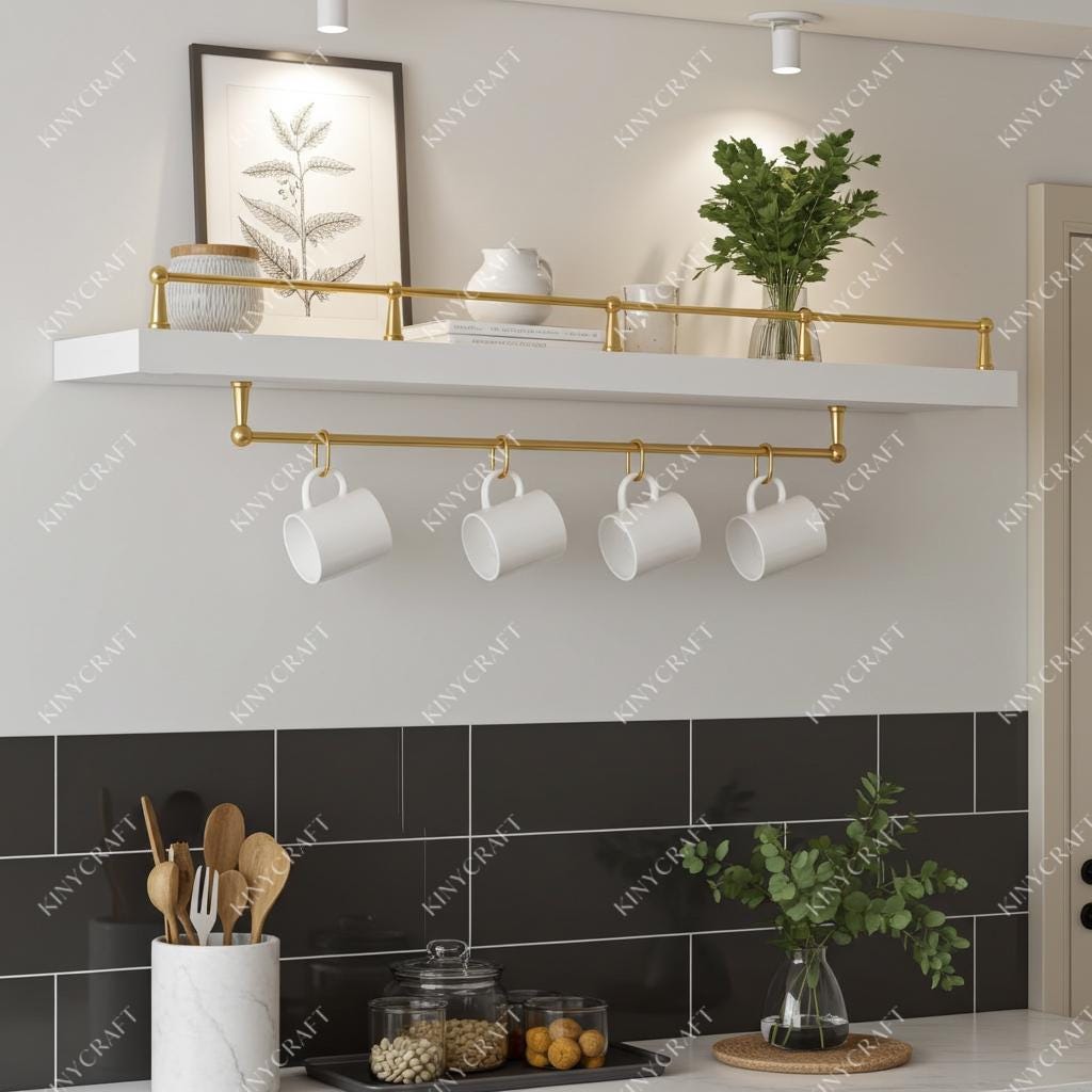 Brass gallery rail for open shelving in kitchens, pantries, and built-in cabinets.