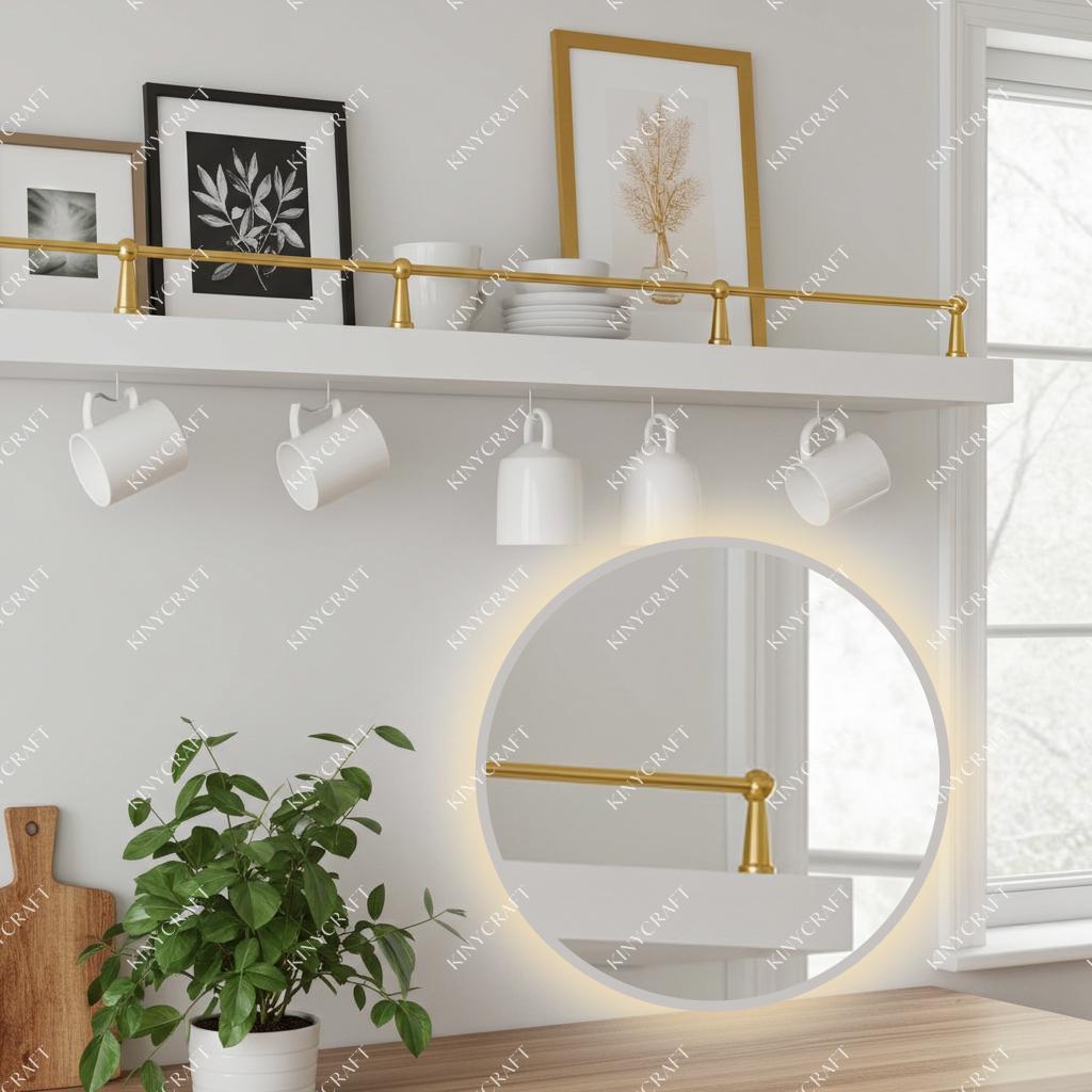 Solid brass cabinet shelf guard rail for securing dishes and decorative accessories.