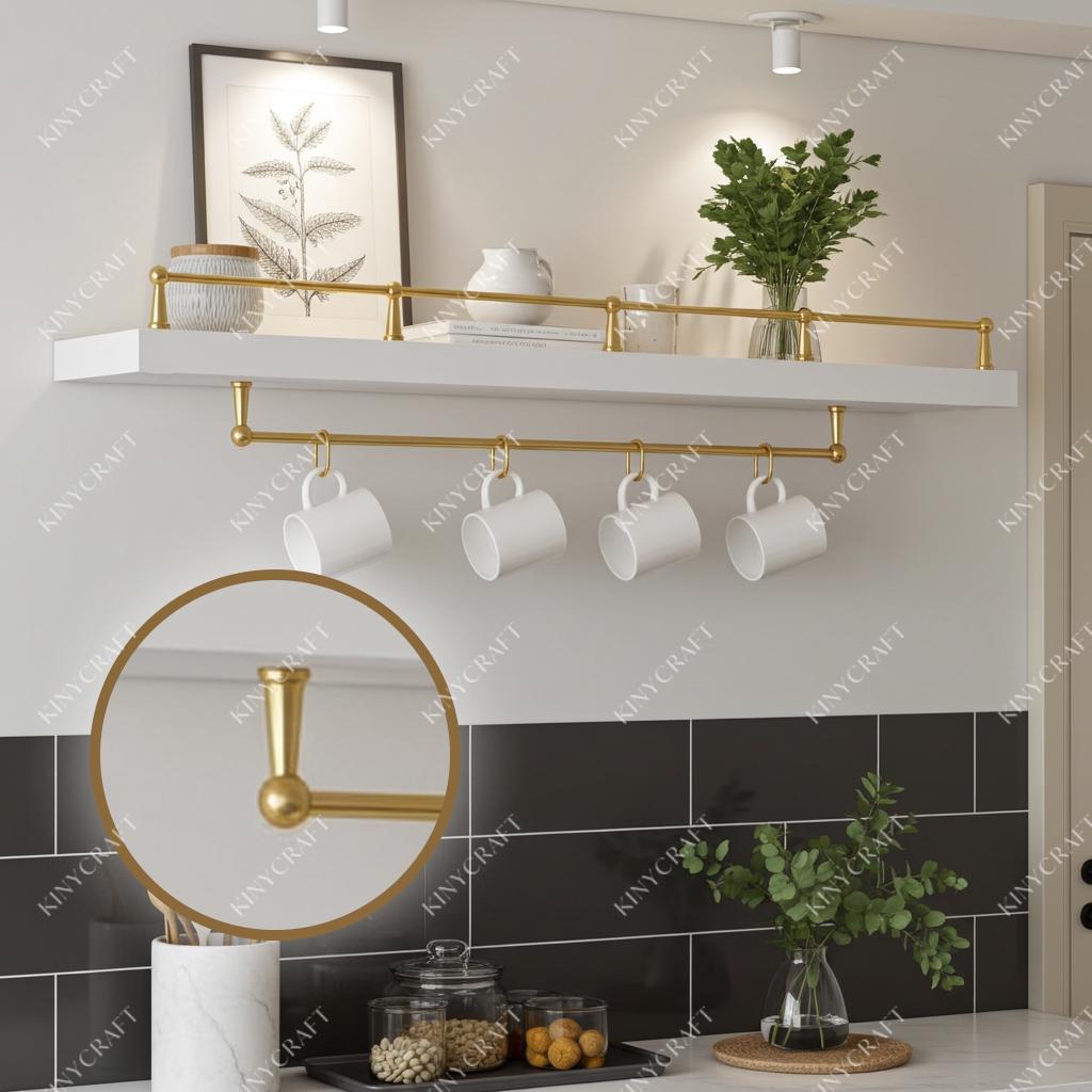Luxury solid brass shelf railing protecting bowls, canisters, and framed artwork.
