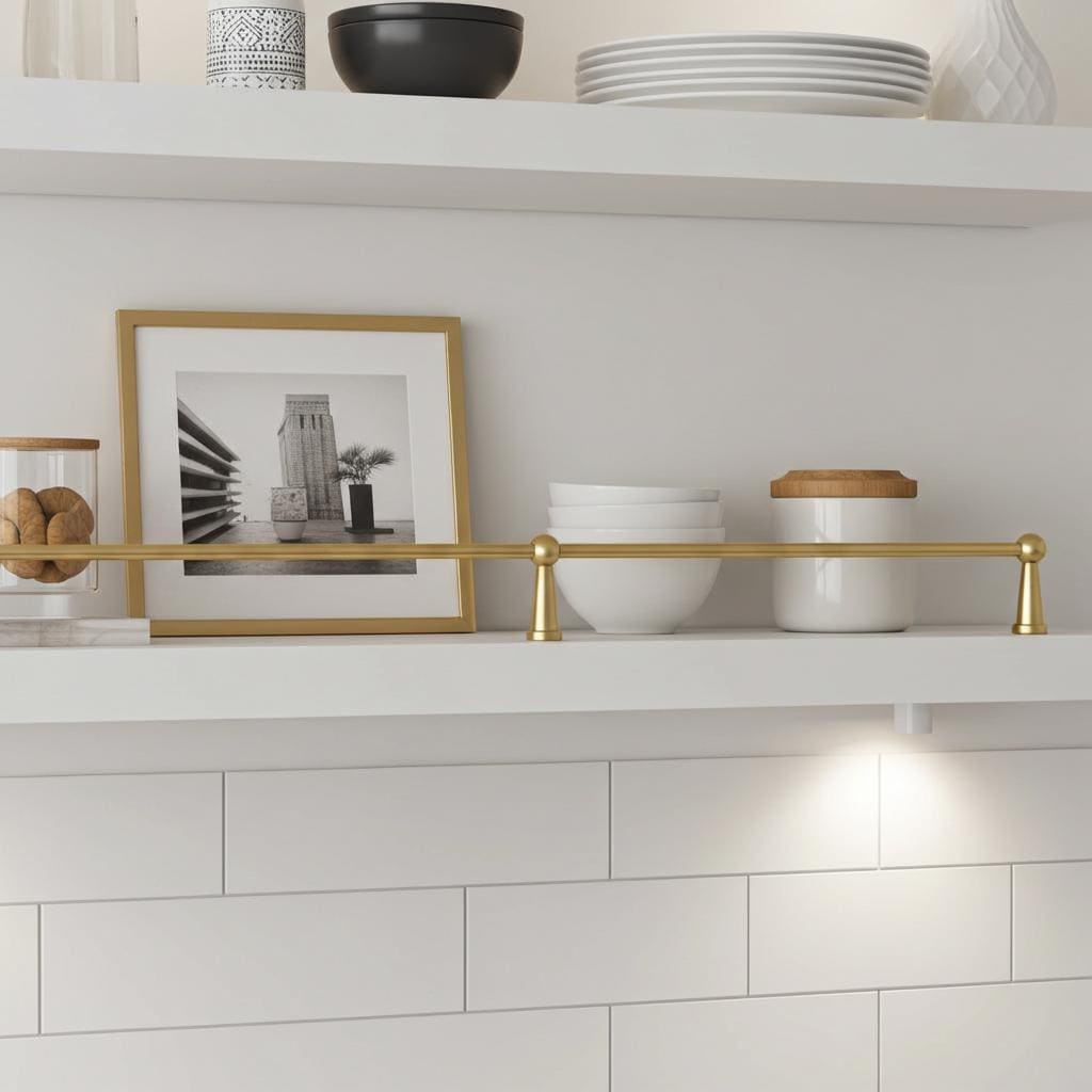 Handmade solid brass shelf rail installed on a white floating kitchen shelf.