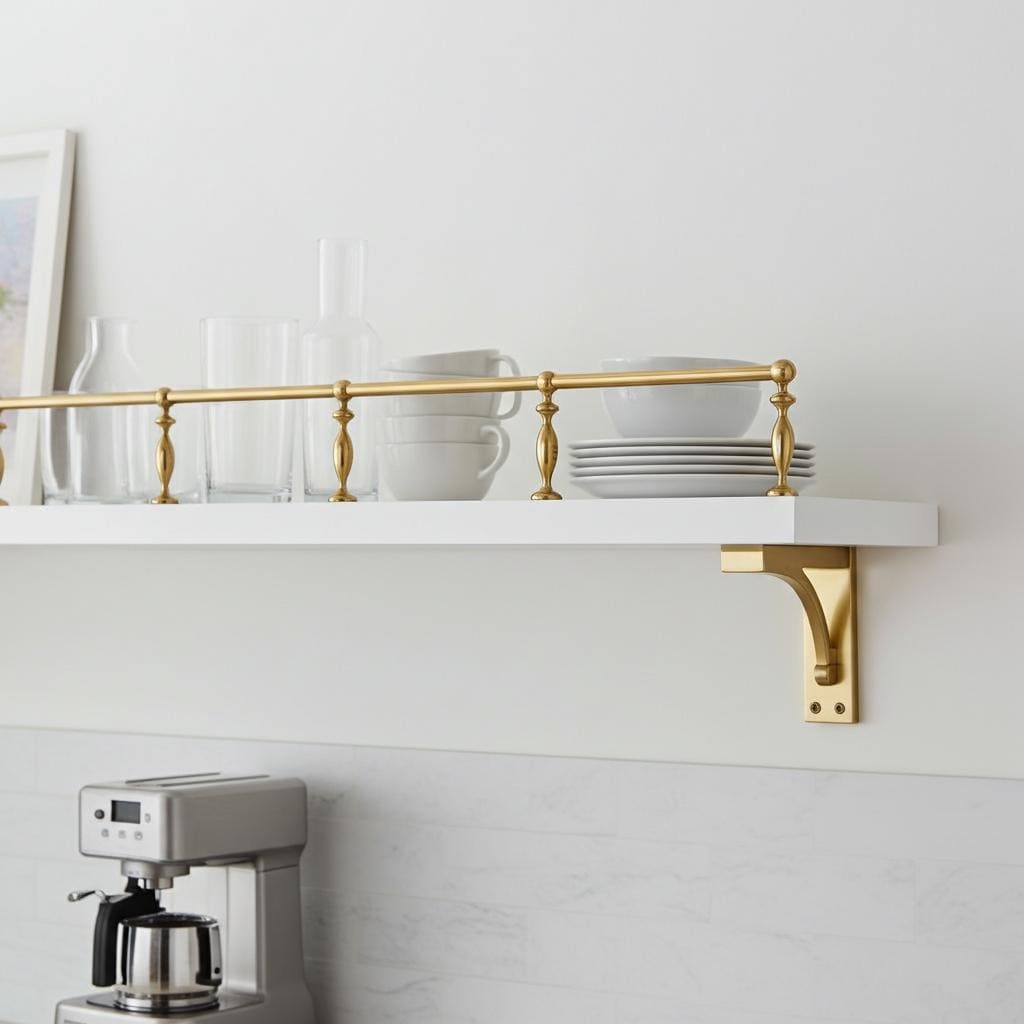 Handmade brass shelf rail protecting dishes on open shelving.