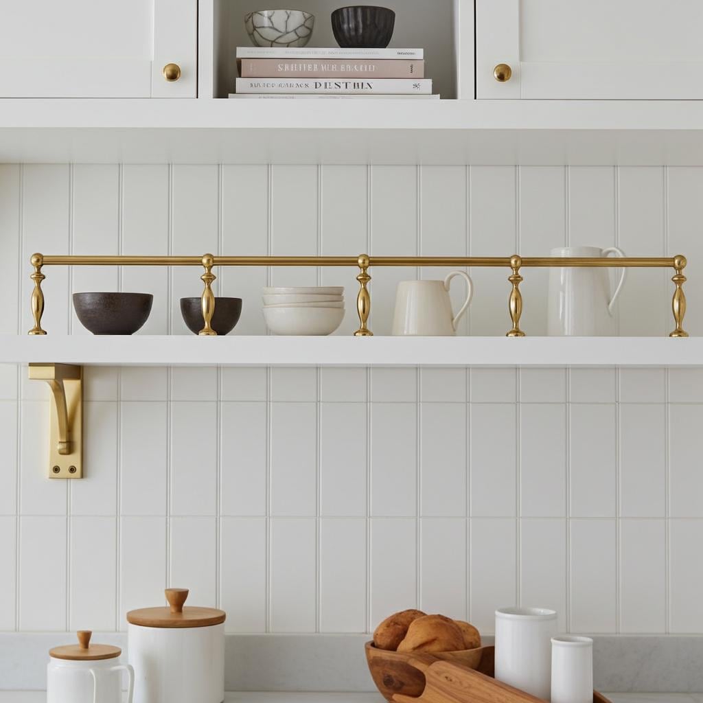 Solid brass gallery rail installed on a white floating kitchen shelf.