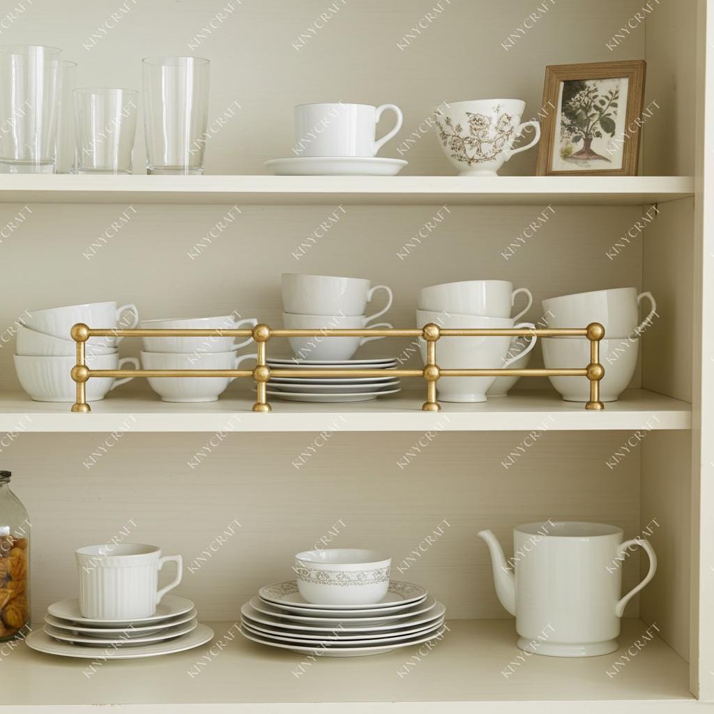 Solid brass double gallery rail mounted on open shelving to keep plates, bowls, and books safely in place.
