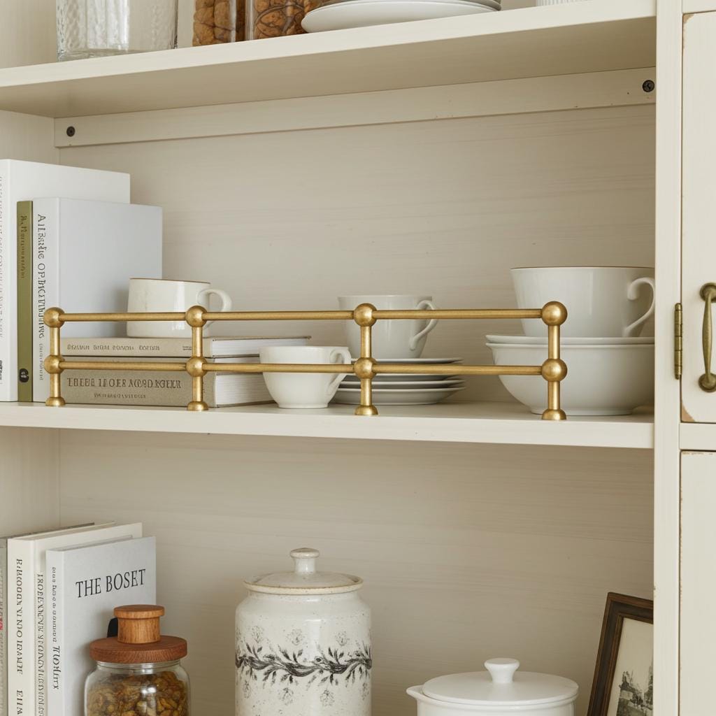 Double brass gallery shelf rail installed on a white cabinet shelf to secure dishes, cups, and decorative kitchenware.