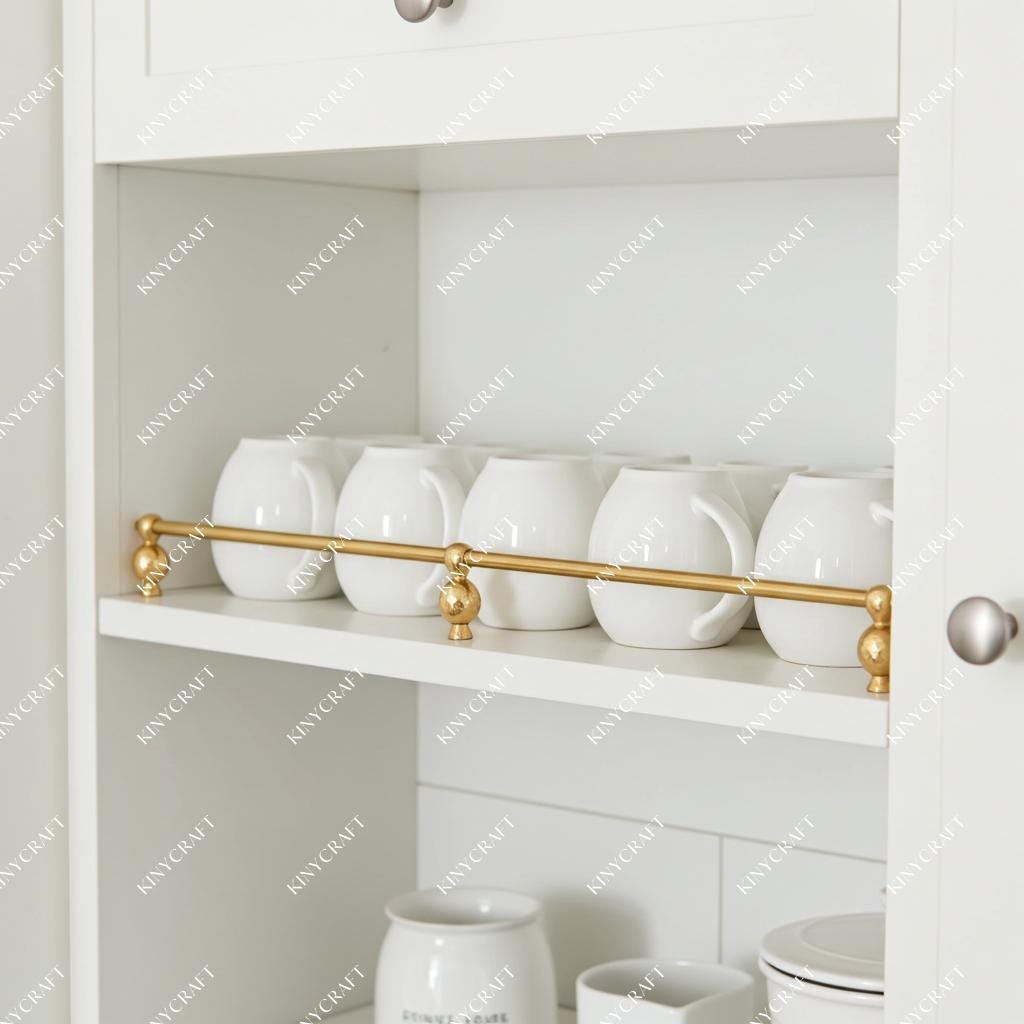 Handcrafted brass cabinet gallery rail with decorative ball brackets mounted on open kitchen shelving for elegant storage.