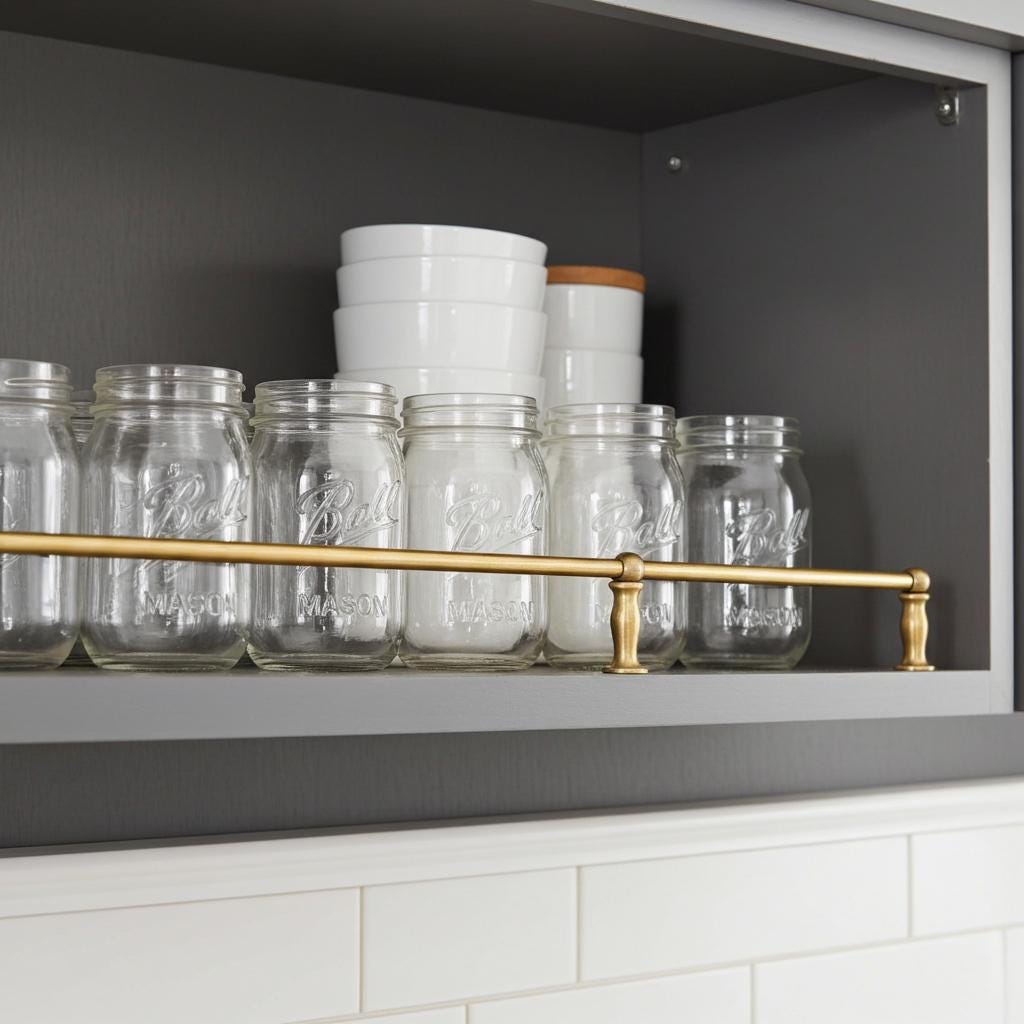 Solid brass gallery shelf rail installed on kitchen cabinet shelf for glass jars and dishes