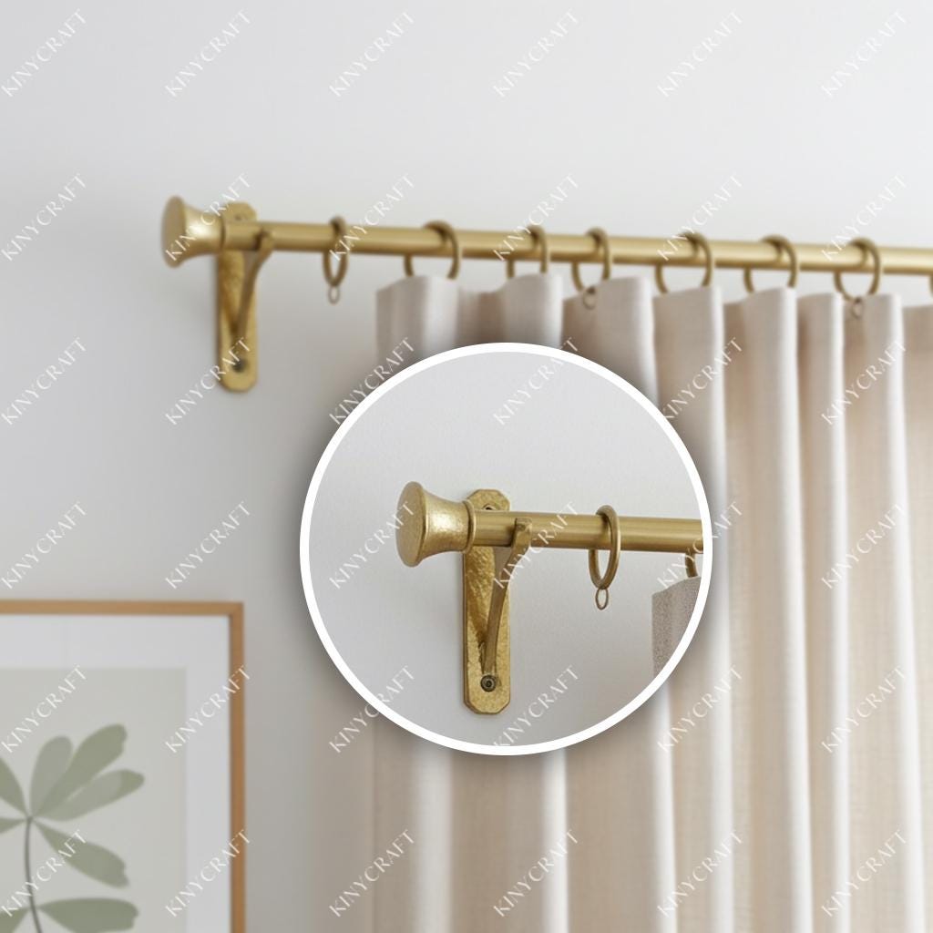Handmade solid brass curtain rod with hammered wall brackets and matching curtain rings for modern and farmhouse interiors.