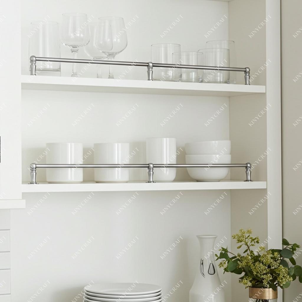 Decorative chrome shelf guard rail mounted inside white display cabinetry.