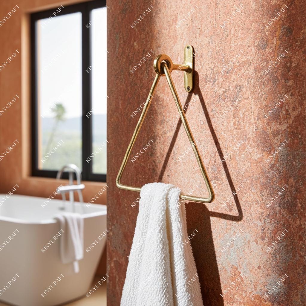 Vintage brass triangular towel ring for bathroom hand towels and guest towels