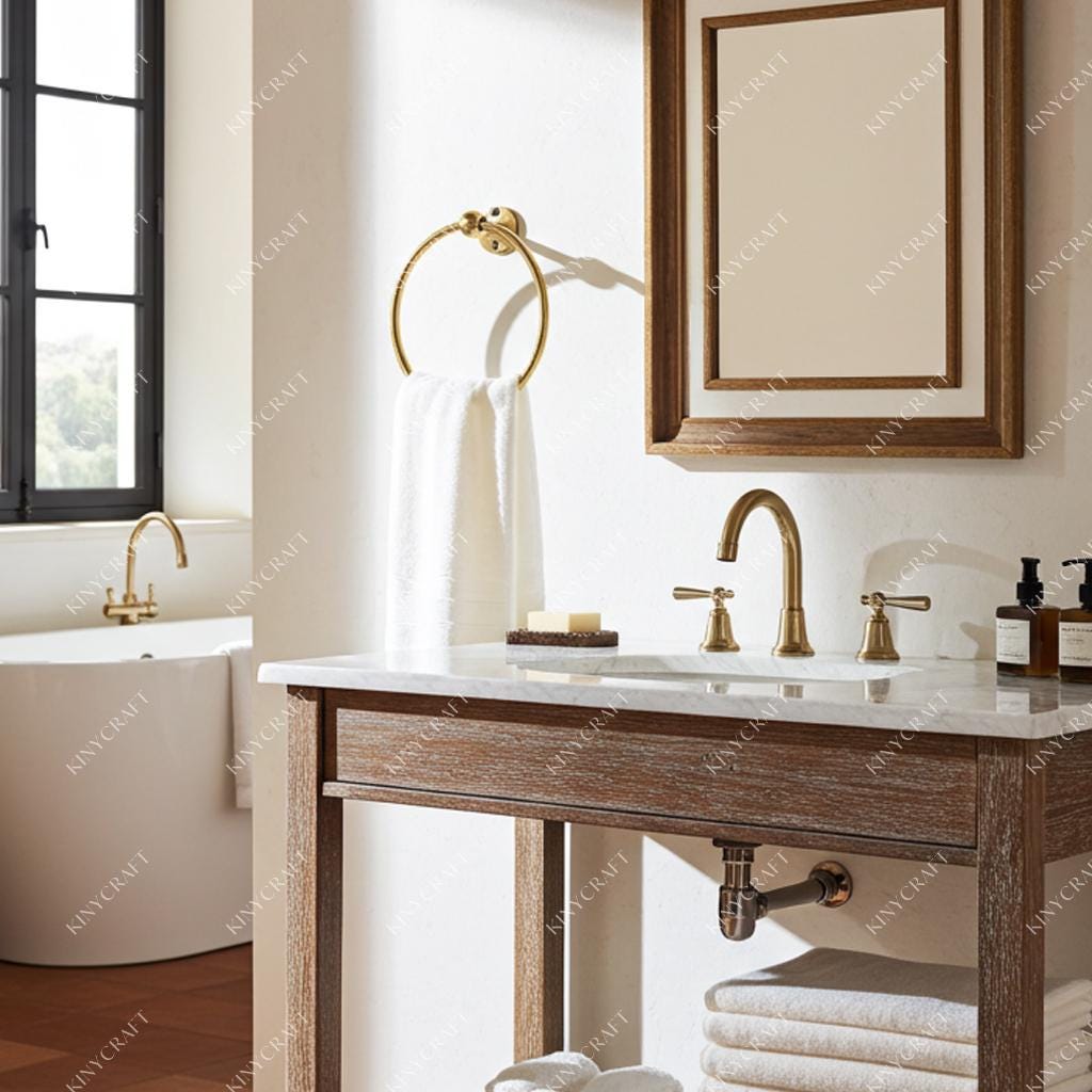 Handmade brass towel ring installed on a textured stone bathroom wall.