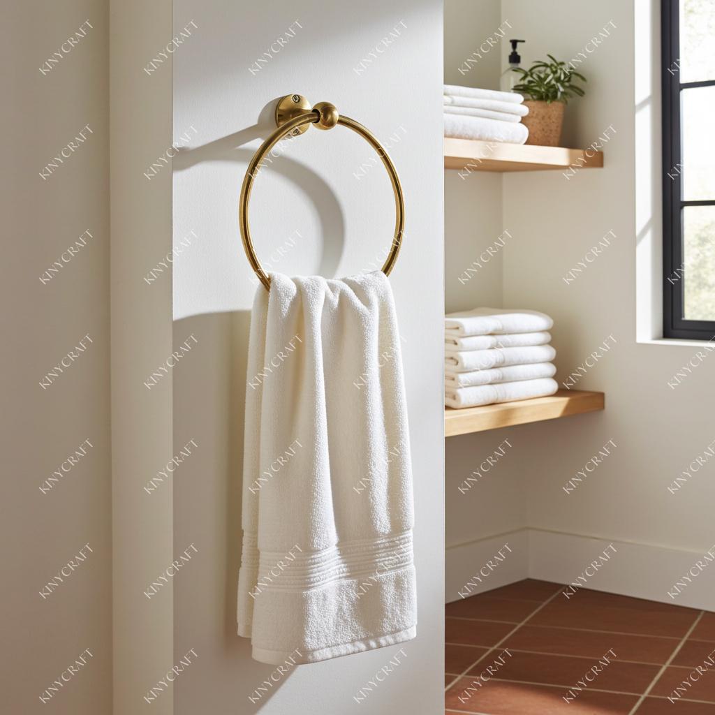 Wall mounted solid brass hand towel ring with a classic circular design.