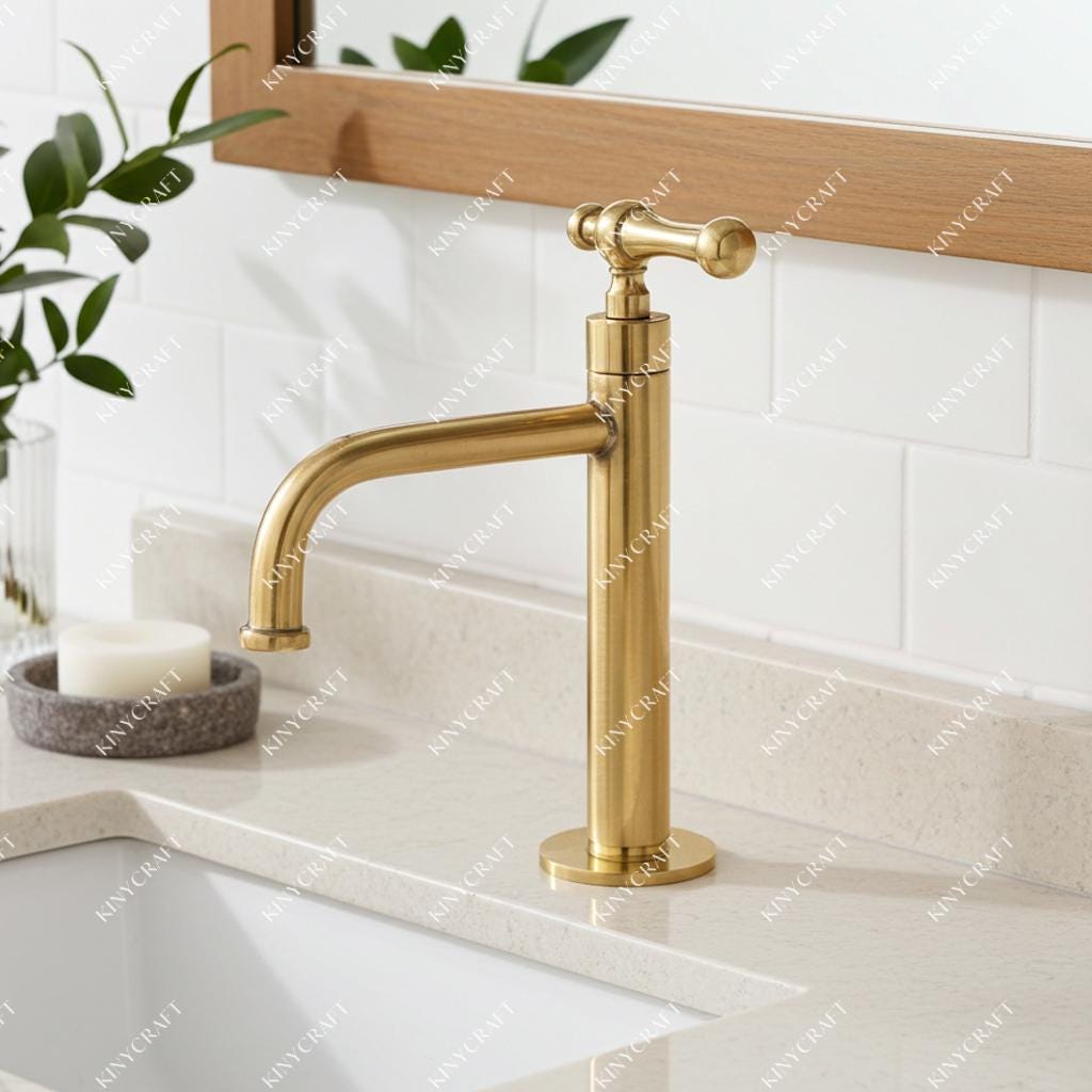 Solid brass single hole bathroom faucet with lever handle installed on a white vanity.