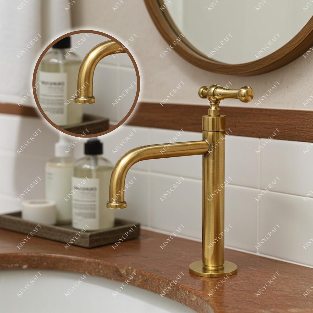 Modern brass vanity faucet with straight spout for bathroom sink installation.