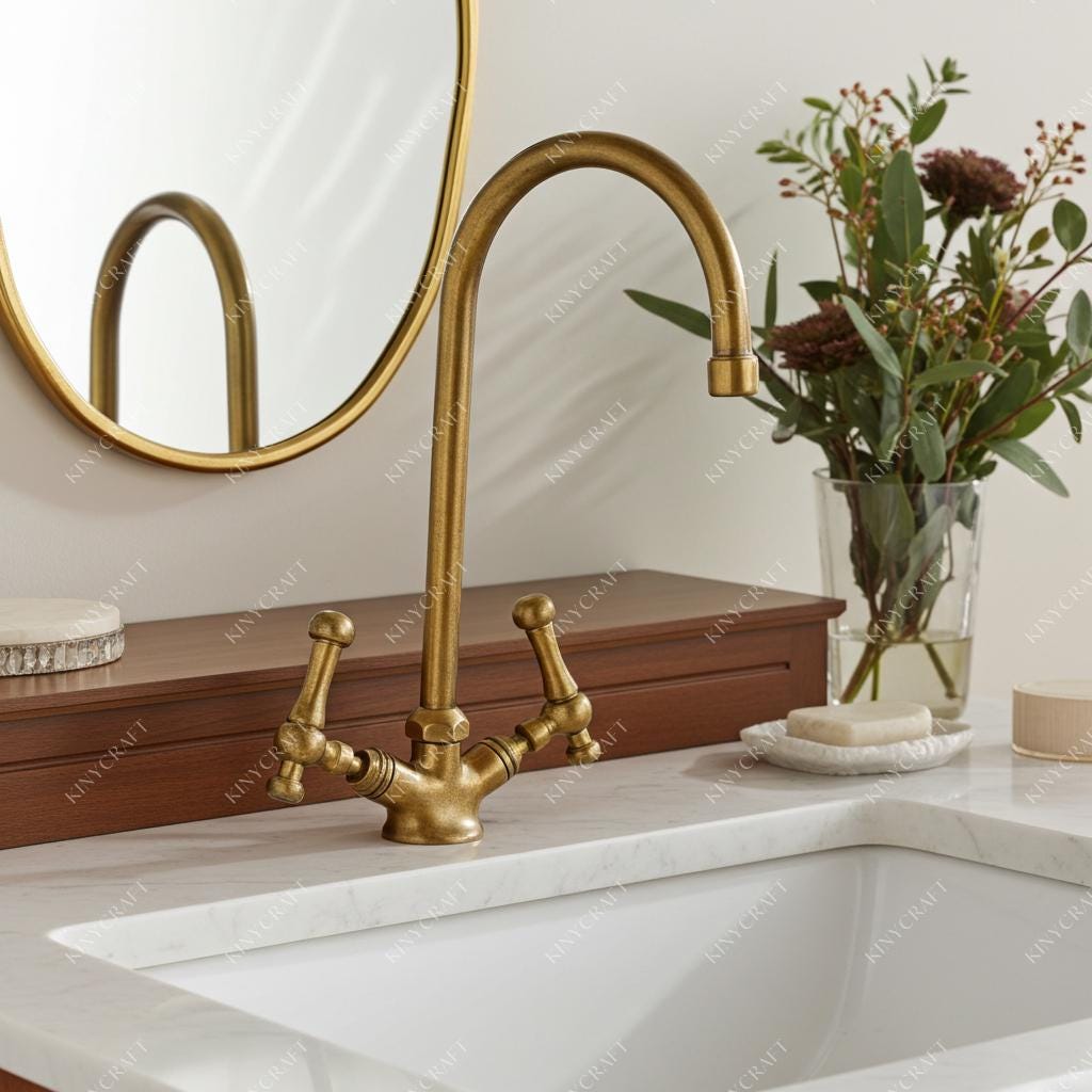 Traditional unlacquered brass vanity faucet for marble countertop