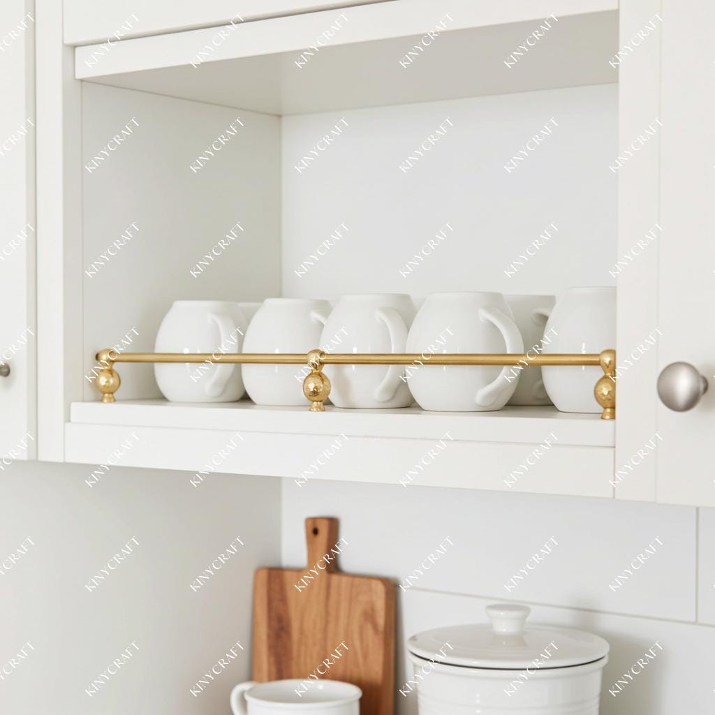Unlacquered brass shelf rail fitted to white kitchen cabinets, providing a stylish guard rail for cups, bowls, and glass jars.