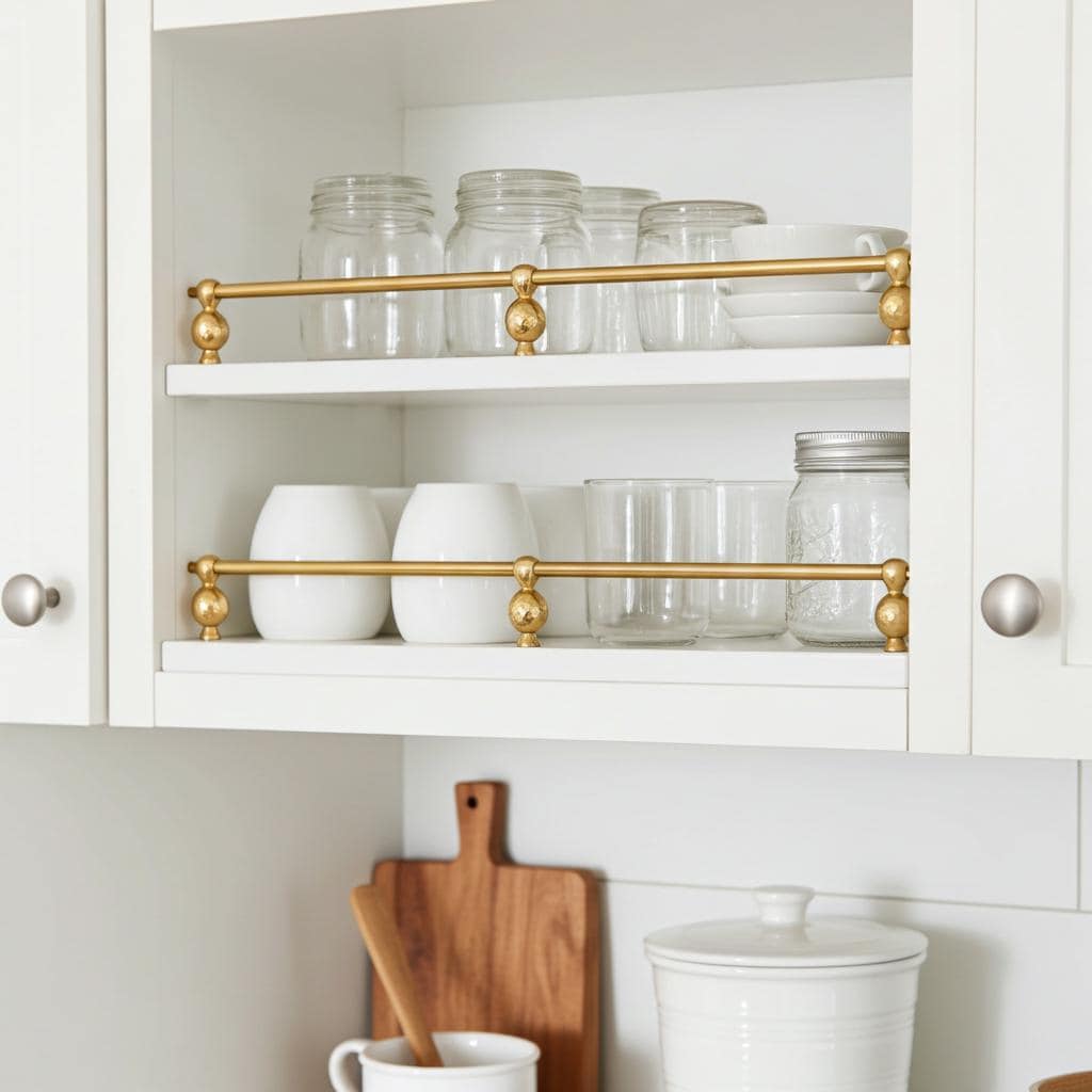 Solid brass gallery rail installed on white kitchen cabinet shelves to keep dishes, jars, and glassware securely in place.