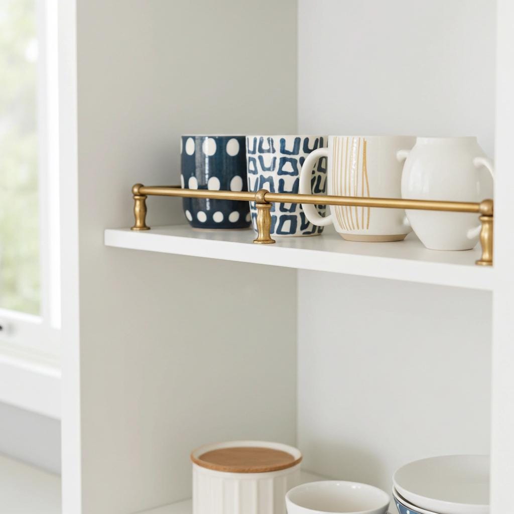 Unlacquered brass cabinet shelf guard rail for open kitchen shelving and pantry storage