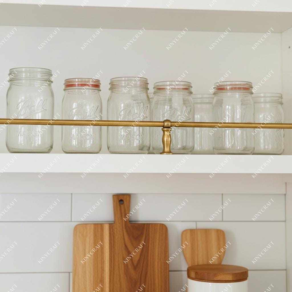 Vintage brass shelf railing for pantry cabinet organization and open shelving