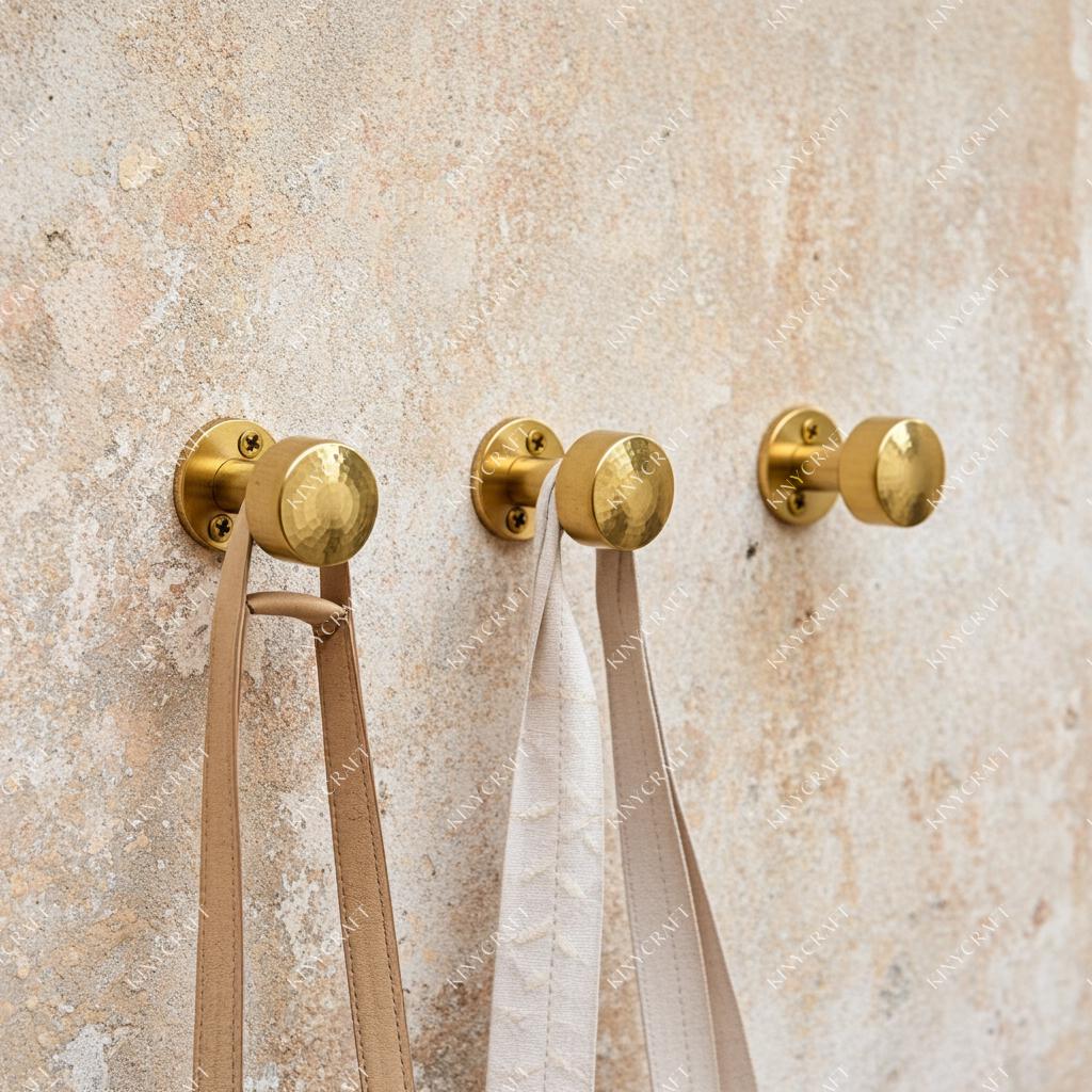 Handcrafted brass wall-mounted coat hooks featuring hammered round knobs for bathroom, entryway, or bedroom storage.