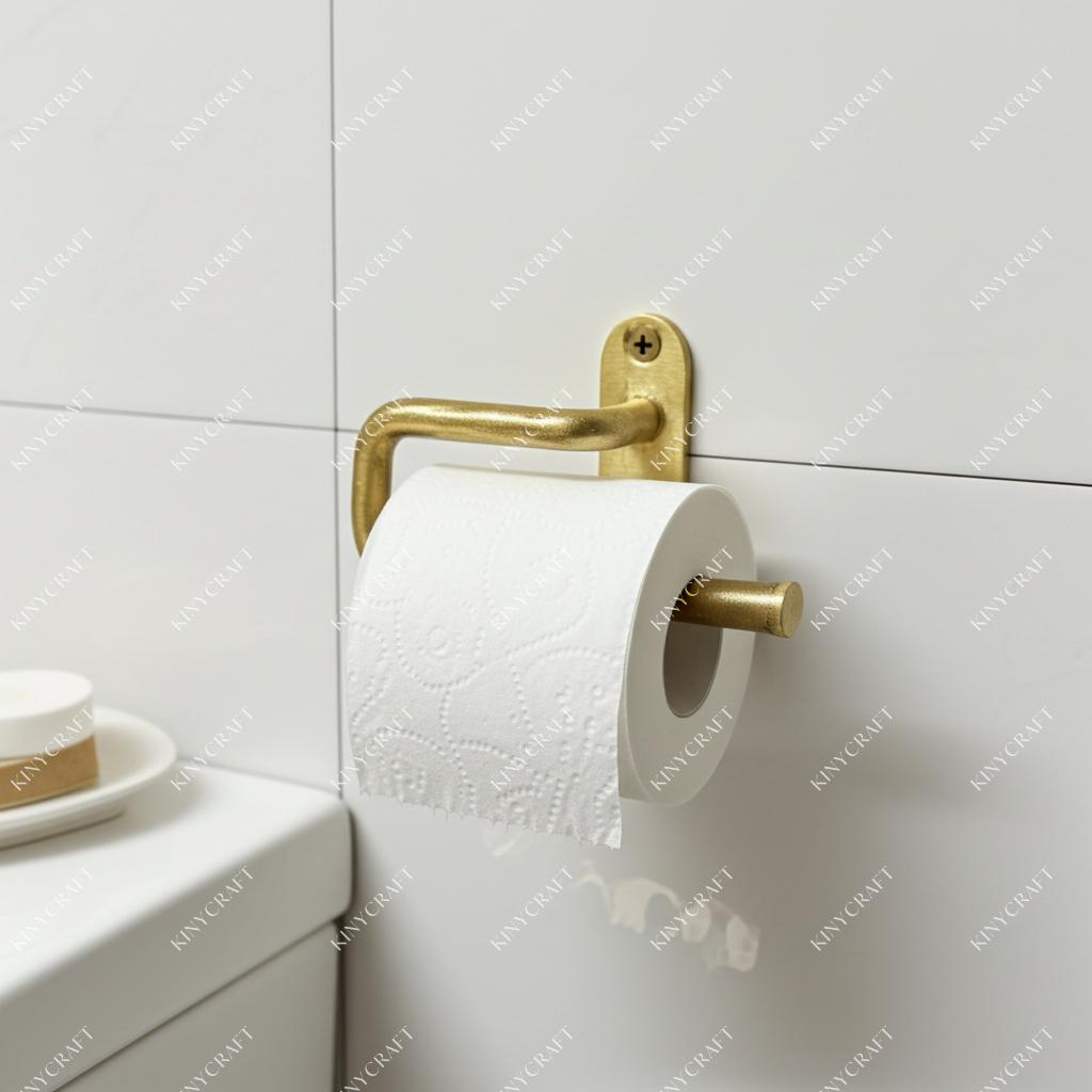 Unlacquered brass wall mounted toilet paper holder with minimalist design