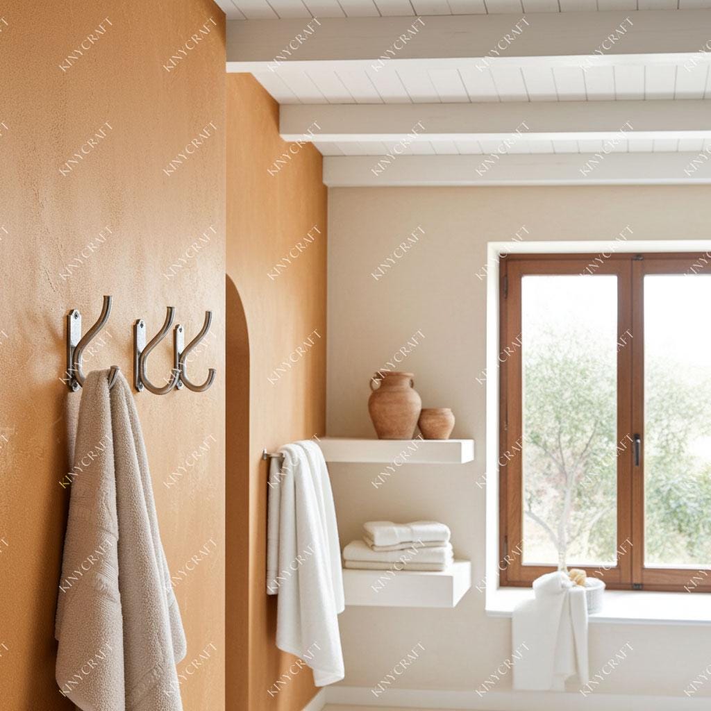 Modern chrome wall hook with dual hanging arms for bathroom organization.